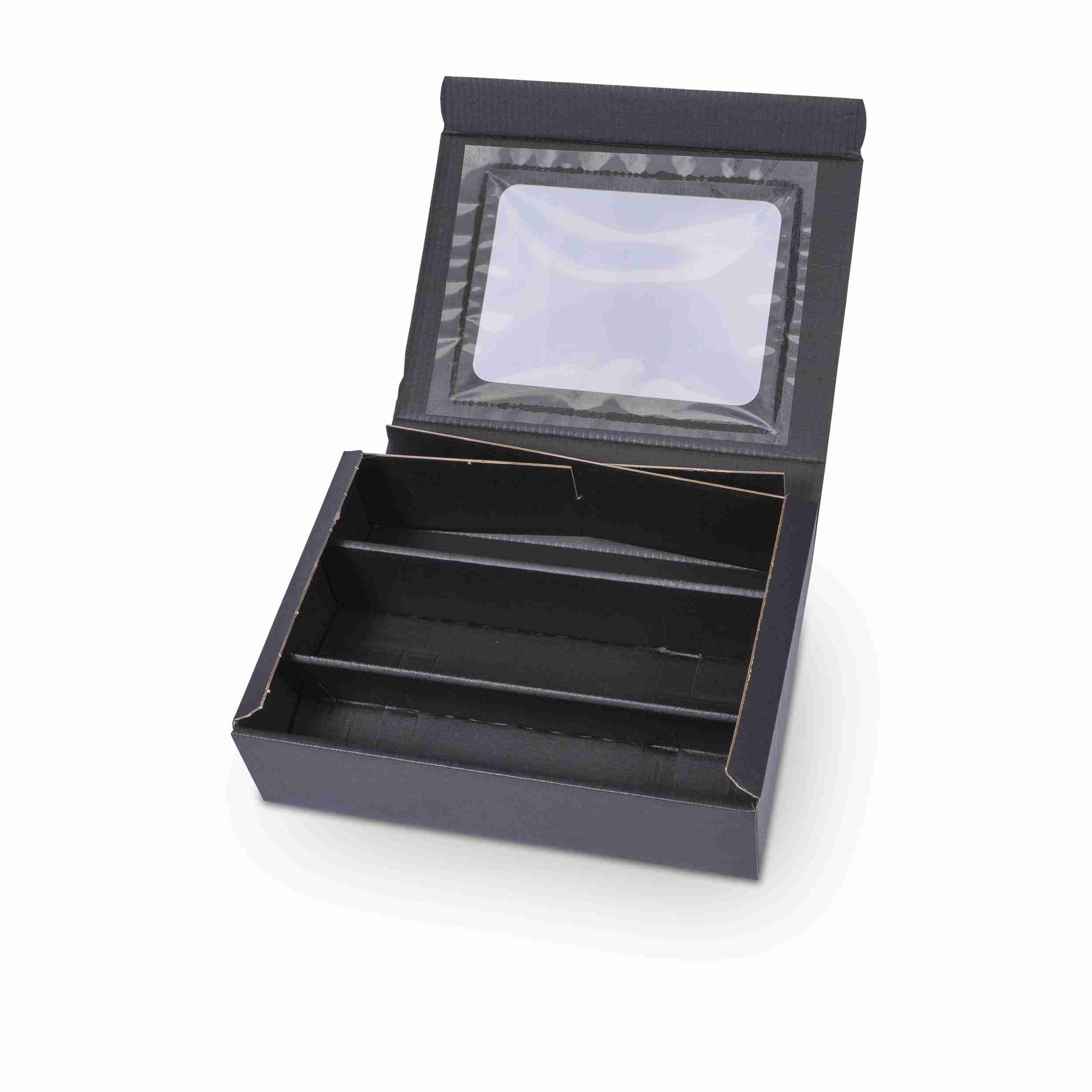 Model Weinpräsentkarton schwarz – Innenmass 250 × 360 × 90 mm – für 3 Flaschen – mit Sichtfenster – 1 Stk., ab 100 Stk.