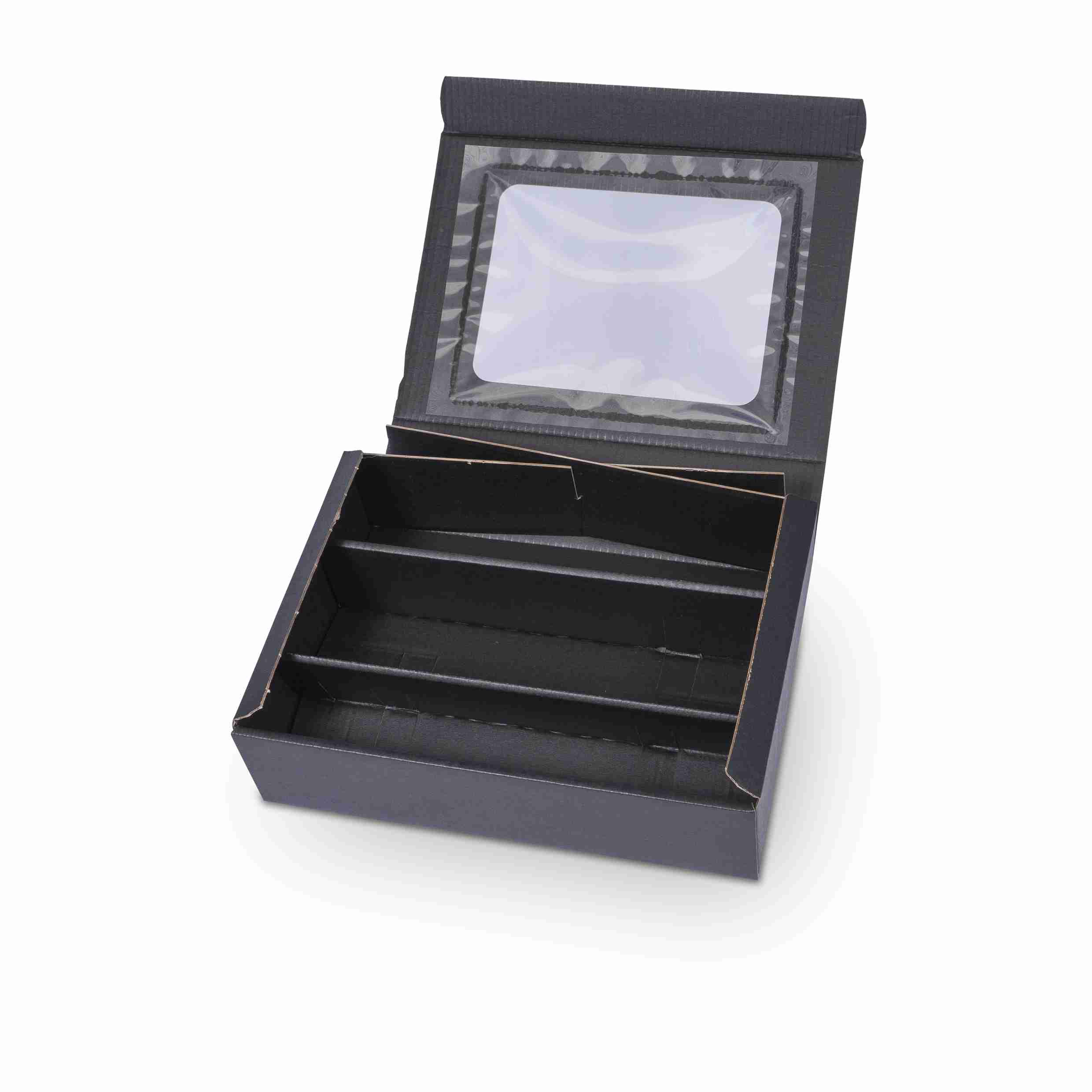 Model Weinpräsentkarton schwarz – Innenmass 250 × 360 × 90 mm – für 3 Flaschen – 1 Stk., ab 20 Stk.