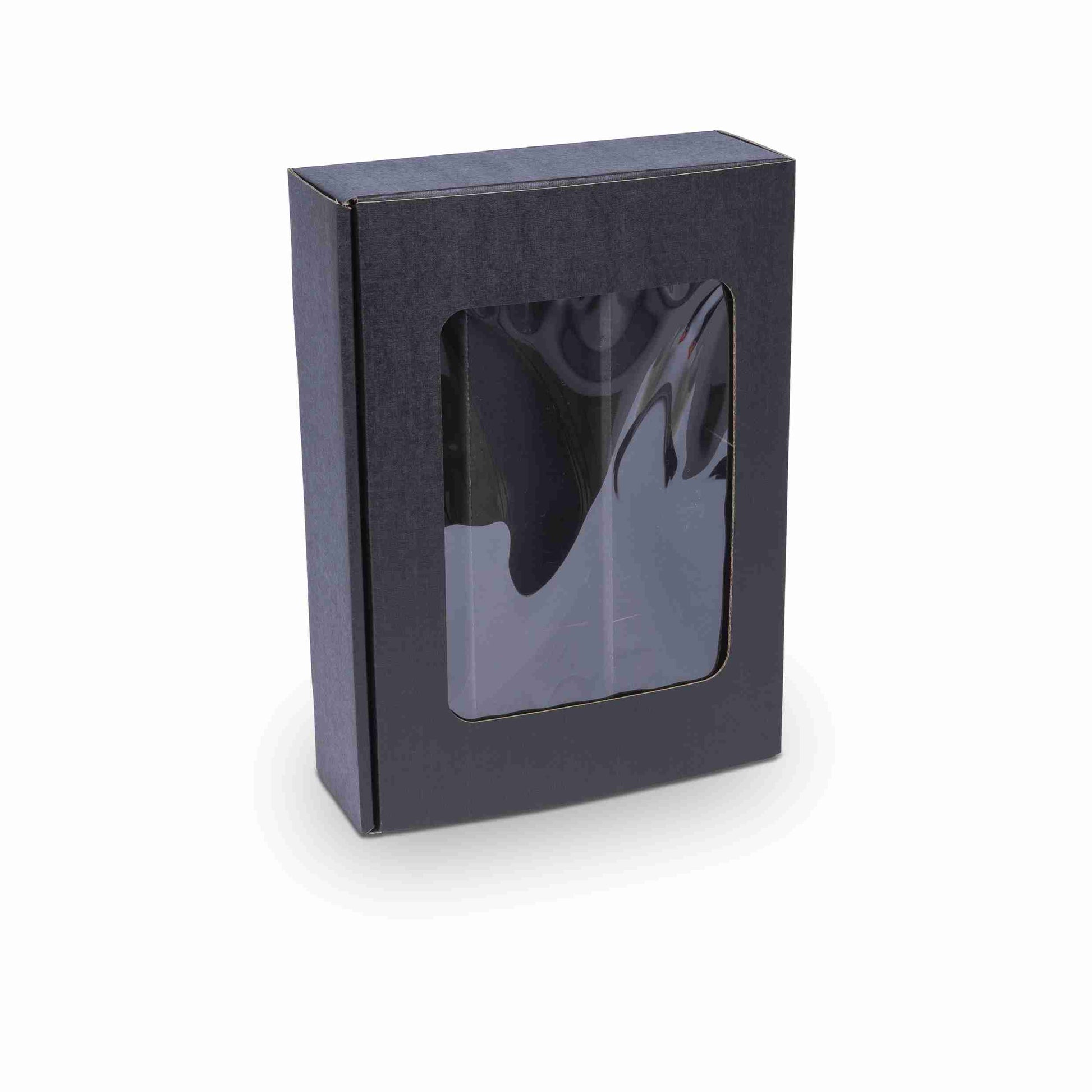 Model Weinpräsentkarton schwarz – Innenmass 250 × 360 × 90 mm – für 3 Flaschen – mit Sichtfenster – 1 Stk., ab 100 Stk.