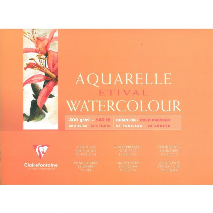 Clairefontaine ETIVAL Aquarellblock – 40,1 × 30 cm – 300 g/m² – geleimt – 25 Blatt, feinkörnig, für Aquarell