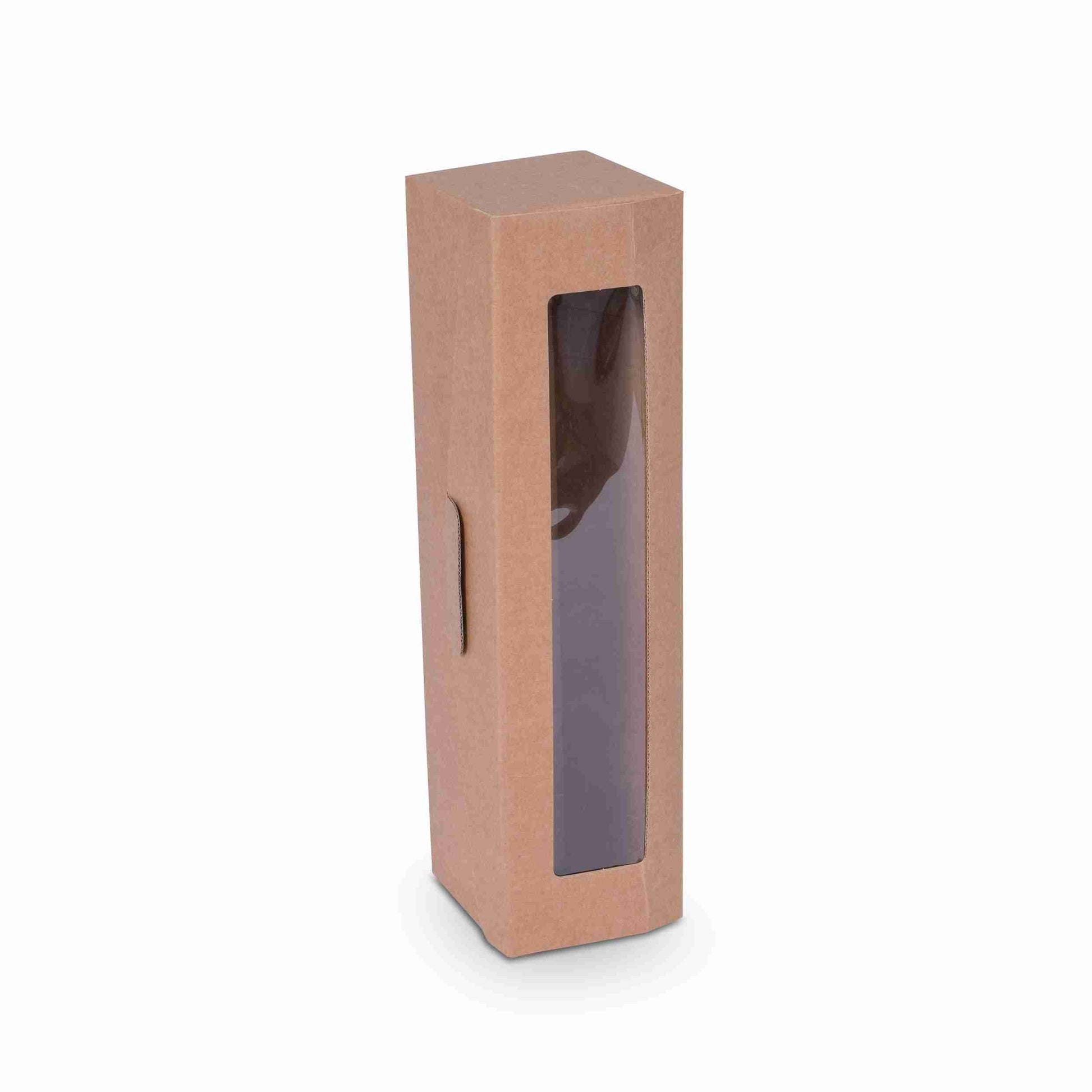 Model Geschenkbox Wellpappe braun – 95 × 380 × 90 mm – Klappdeckel, Sichtfenster – für 1 Flasche – 1 Stk., ab 100 Stk.