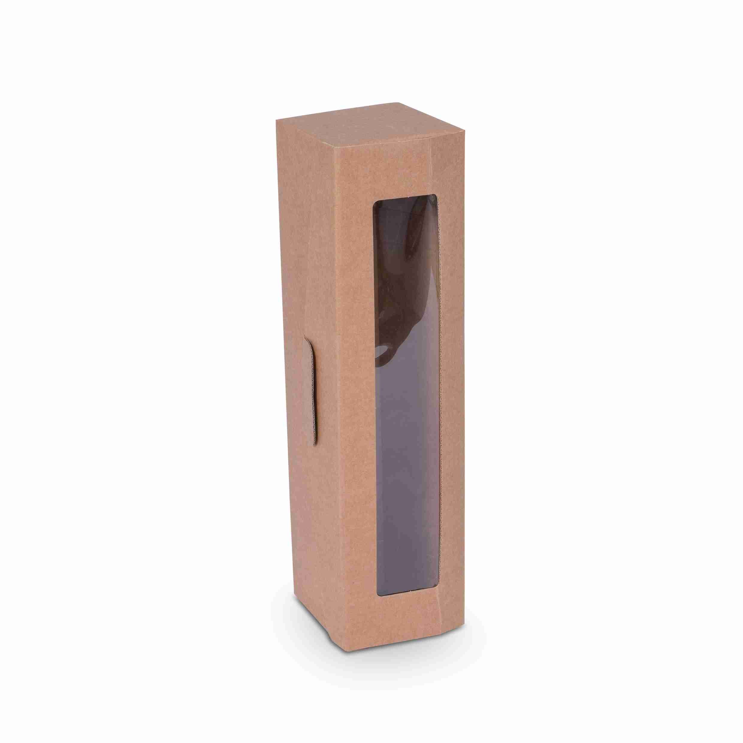 Model Geschenkbox Wellpappe braun – 95 × 380 × 90 mm – Klappdeckel, Sichtfenster – für 1 Flasche – 1 Stk., ab 100 Stk.