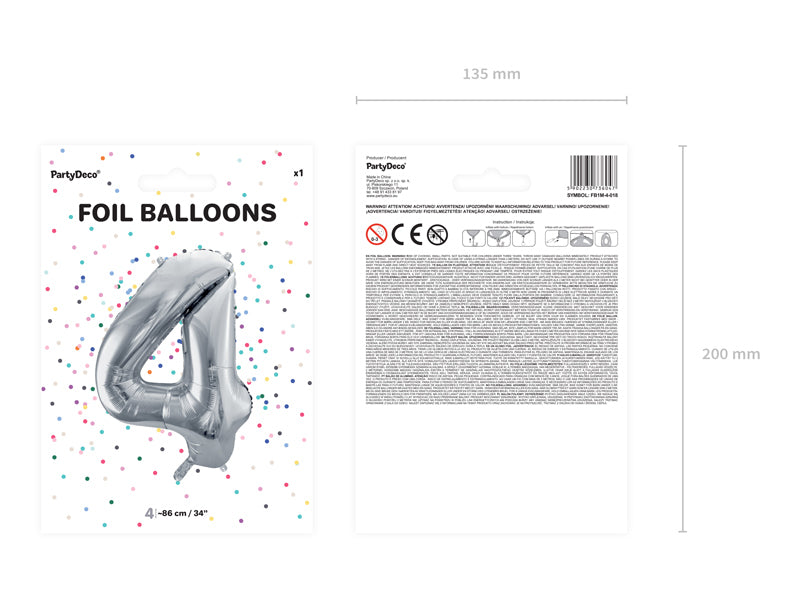 PartyDeco Folienballon Zahl 4 – Silber – 86 cm – Folie – 1 Stk