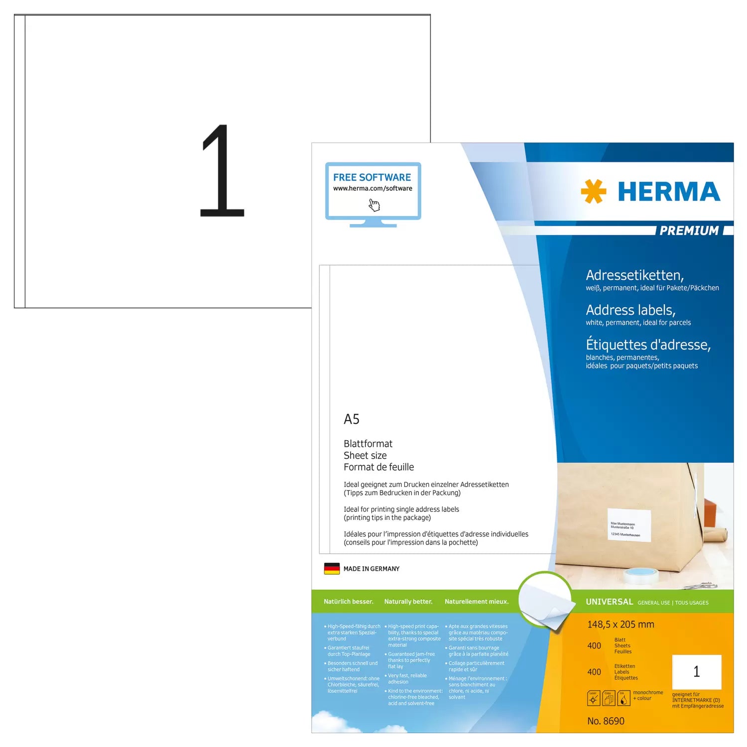 HERMA Drucketiketten, 149 mm × 205 mm, weiss, Papier, permanent, 400 Blatt