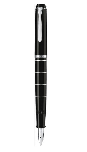 Pelikan M 215 mit silberfarbenen Ringen – Federbreite B – schwarz – Kolbenmechanik