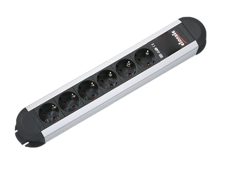 Bachmann PRIMO Steckdosenleiste – 6× Schuko (Typ E/F), 2 m, ohne Schalter, Aluminium/Schwarz
