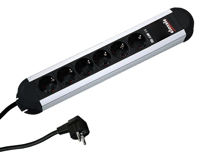 Bachmann PRIMO Steckdosenleiste – 6× Schuko (Typ E/F), 2 m, ohne Schalter, Aluminium/Schwarz