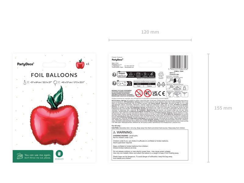 PartyDeco Folienballon Apfel – mehrfarbig – 45 × 57 cm – 1 Stk