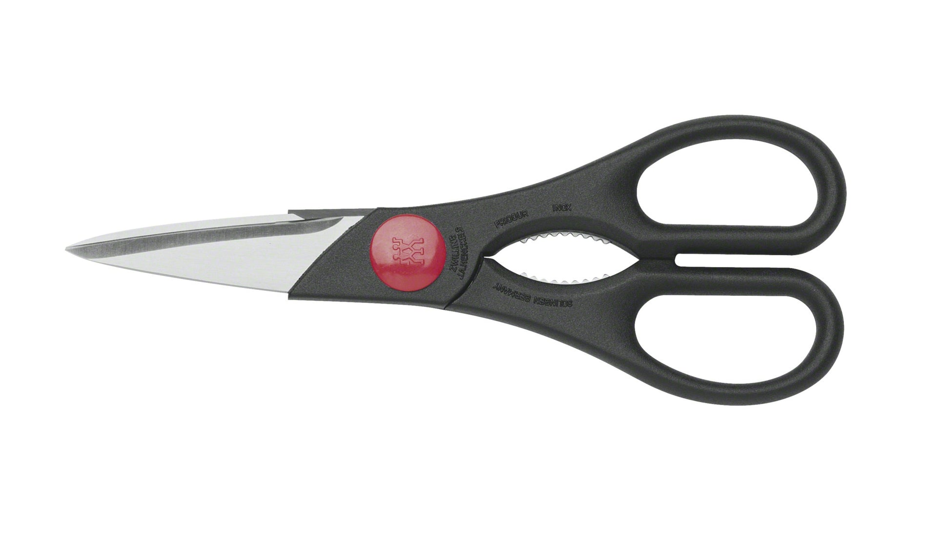 ZWILLING Küchenschere 20 cm, Edelstahl/Kunststoff, Schwarz, mit Flaschenöffner, gezahnte Klinge
