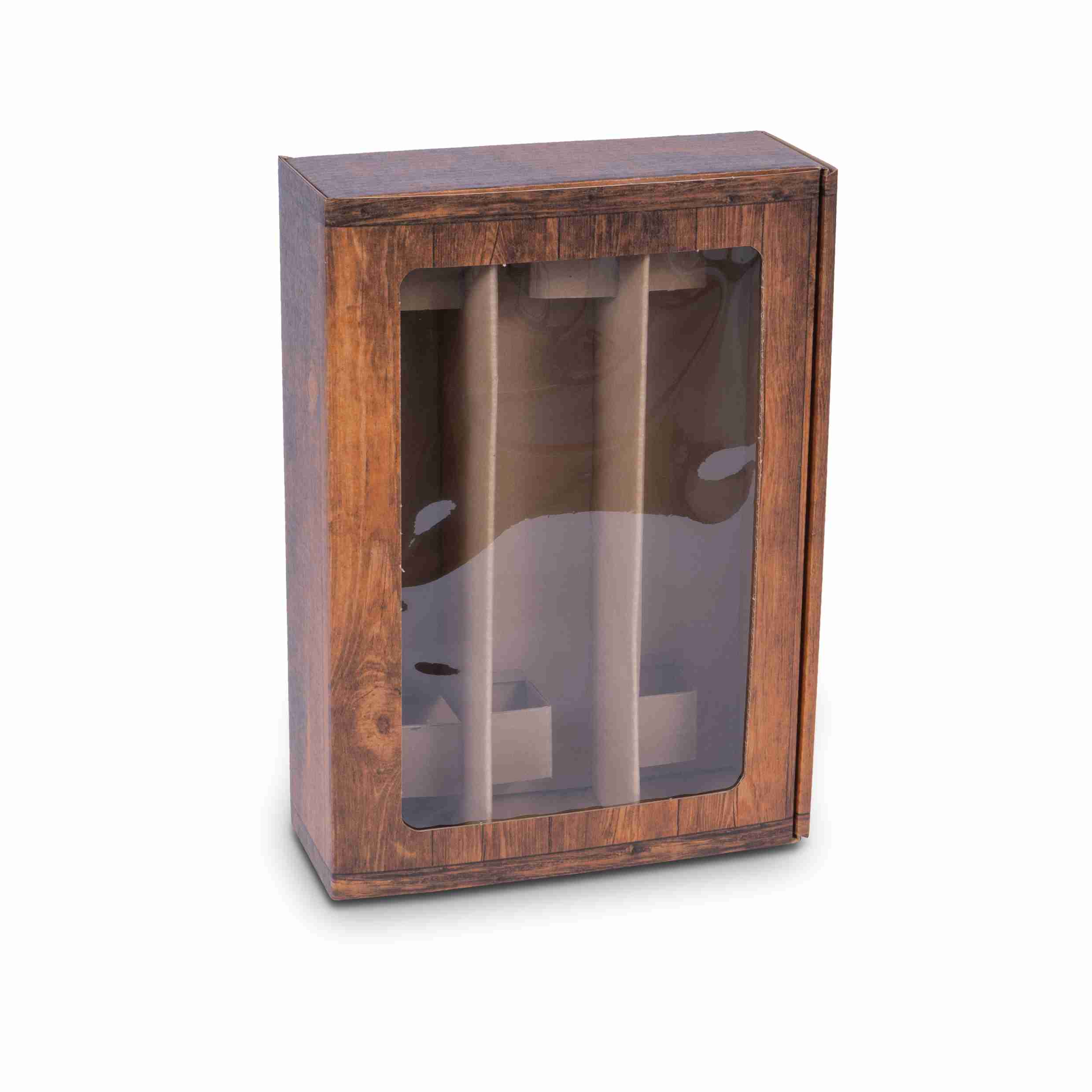 Model Weinpräsentkarton Holzoptik, mit Sichtfenster – 250 × 360 × 90 mm – für 3 × 0,75 l Flaschen – 1 Palette (500 Stk.)