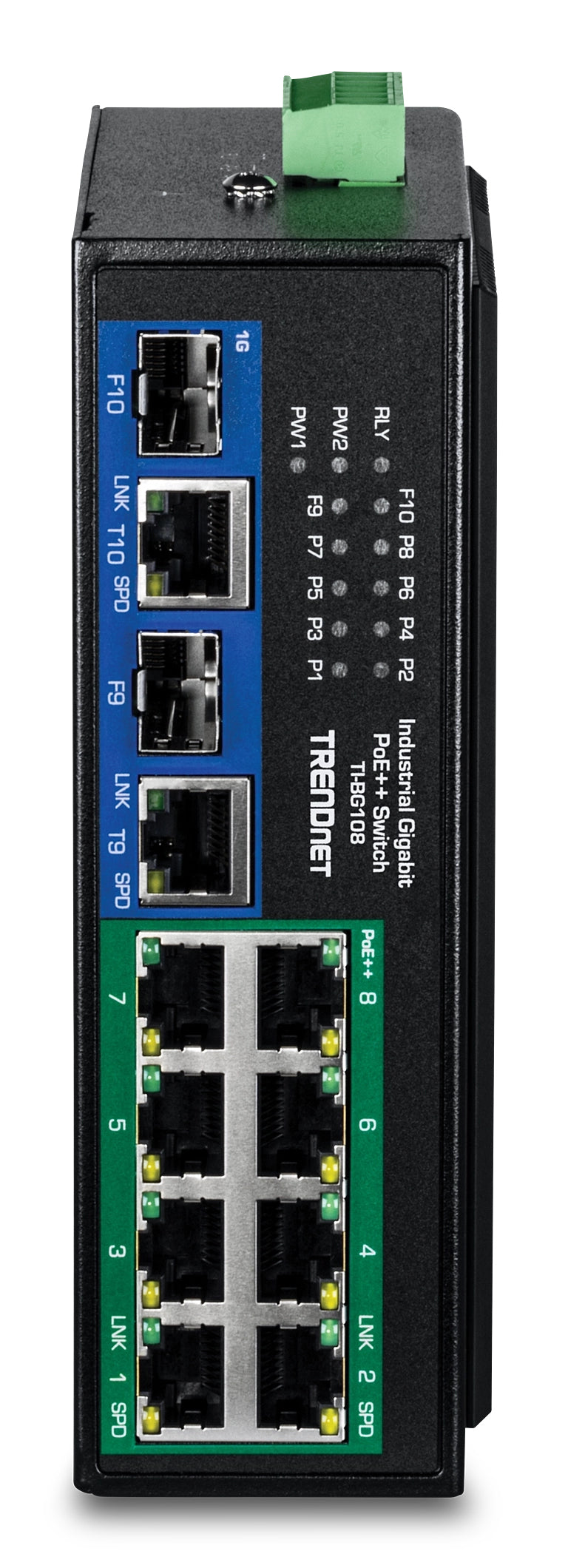 TRENDnet TI-BG108 – Switch – 8× 1G + 2× 1G (RJ‑45/SFP), PoE++, PoE-Budget 400 W, DIN-Schiene