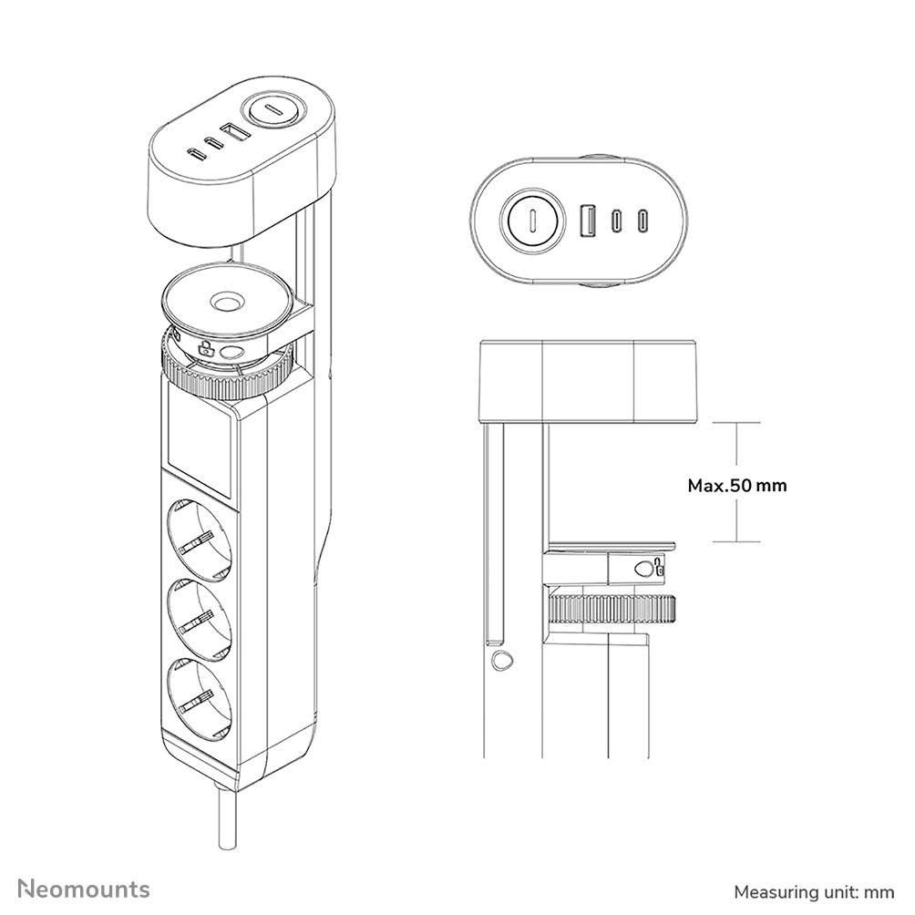 Neomounts DS22-840BL6 – Tisch-Steckdose mit Klemme, 3× 230 V, 2× USB-A + 2× USB-C (PD), 1,4 m, Schwarz