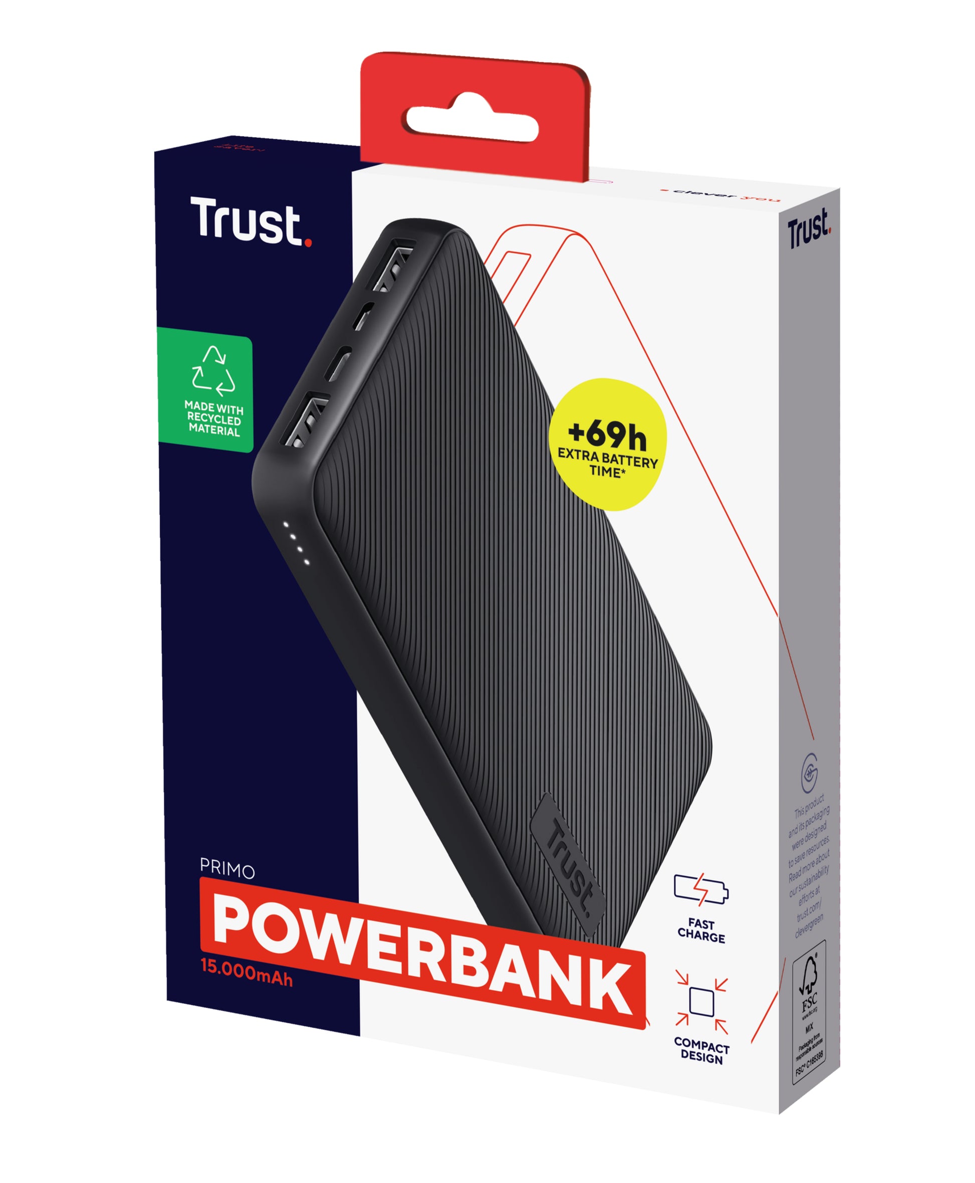 Trust Primo Powerbank 15'000 mAh – 15 W PD, 1× USB-C, 2× USB-A, schwarz, für Smartphone & Tablet