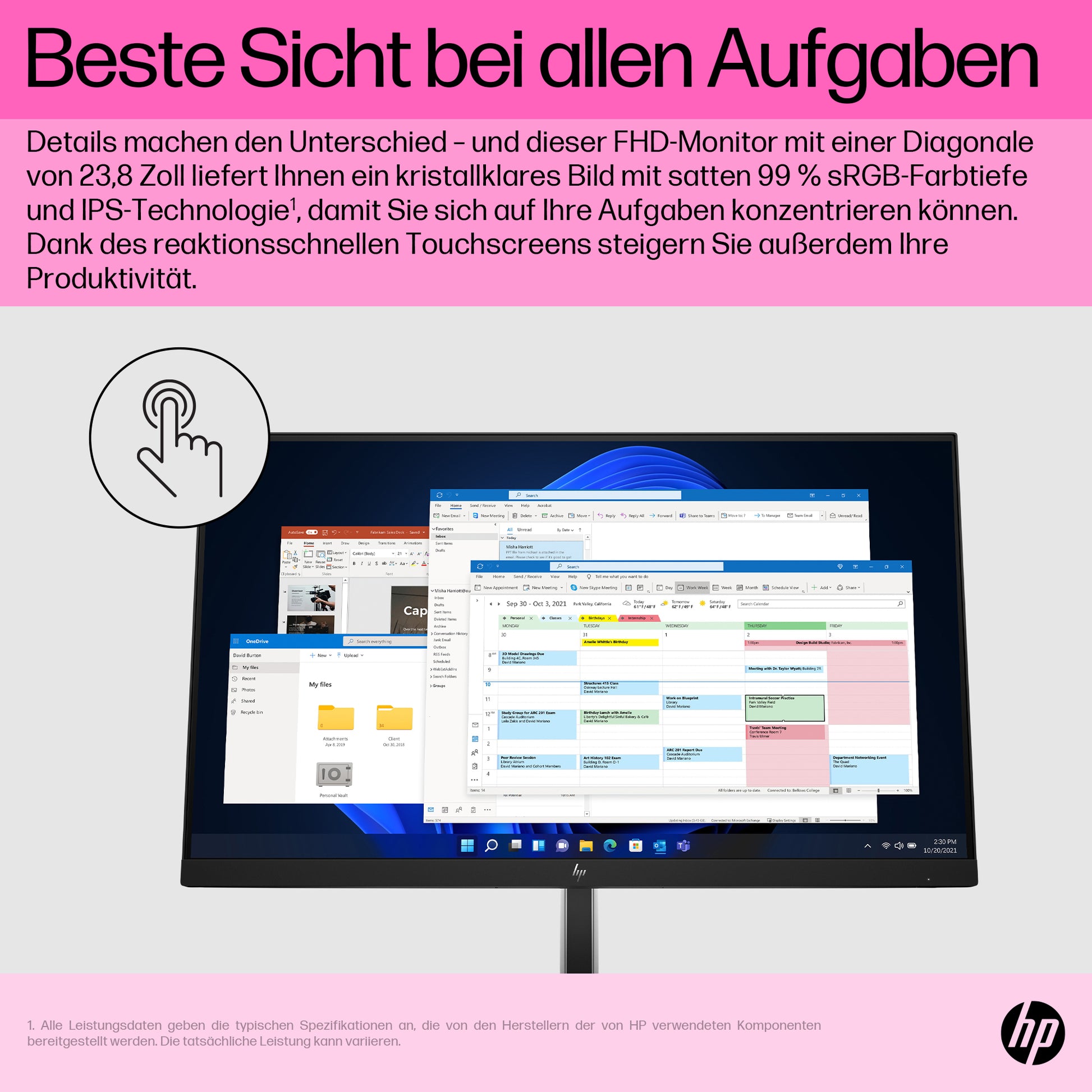HP E24t G5 – Monitor, 23,8", 1920 × 1080 (Full HD), Touch, Schwarz
