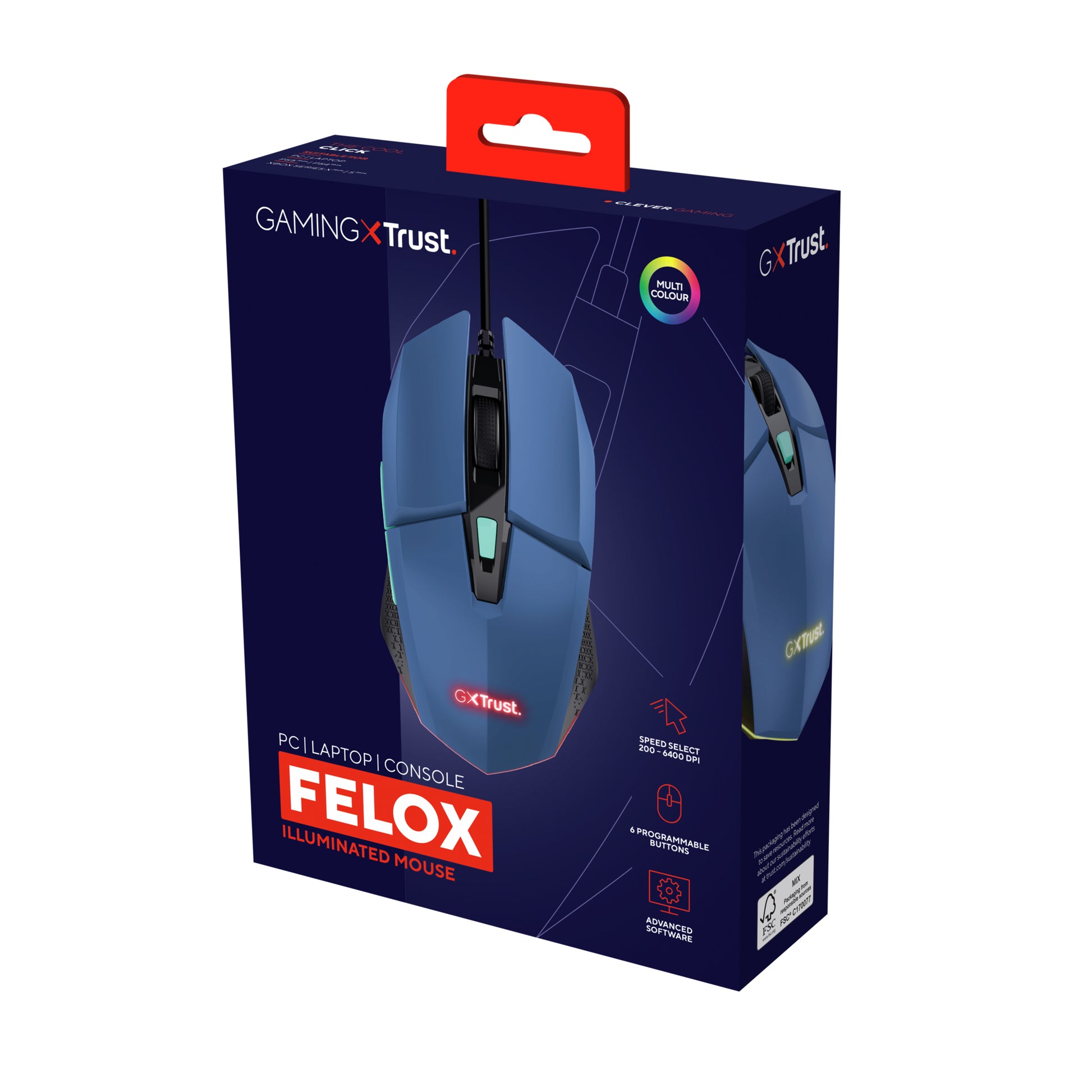 Trust GXT109 Felox – Gaming-Maus – Kabelgebunden (USB-A), 6400 DPI, RGB-Beleuchtung, beidhändig, Blau