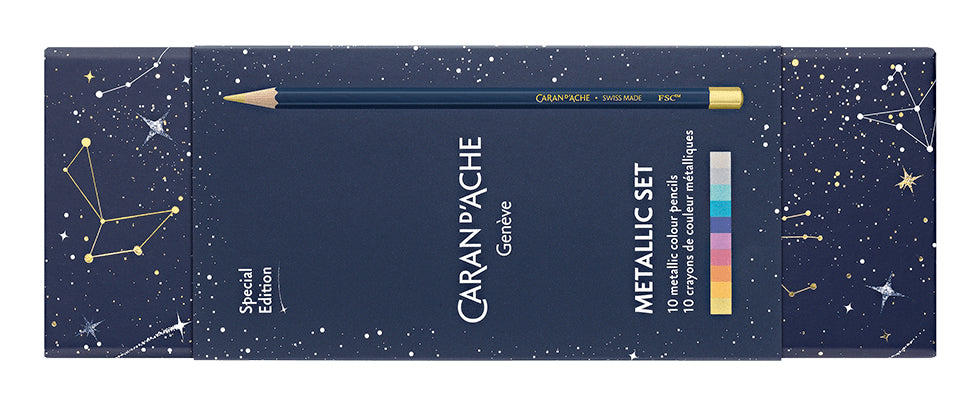 Caran d-Ache Caran d'Ache Farbstifte Cosmic Blue Limited Edition – 10 Metallic-Farben, im Kartonetui, Ø 3 mm