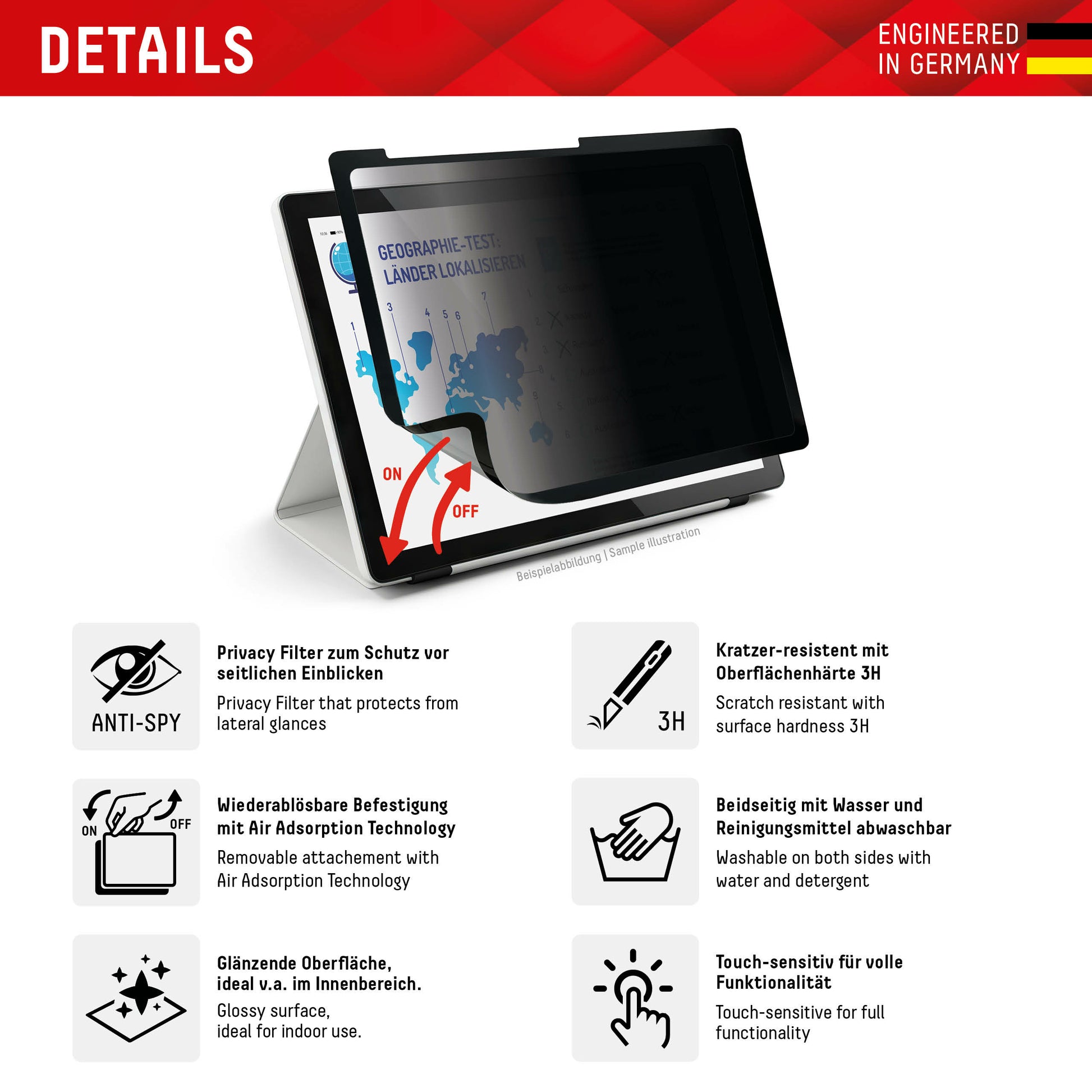 Displex Blickschutzfilter 3H, Anti-Fingerprint – für iPad 10,2" (7.–9. Gen.)