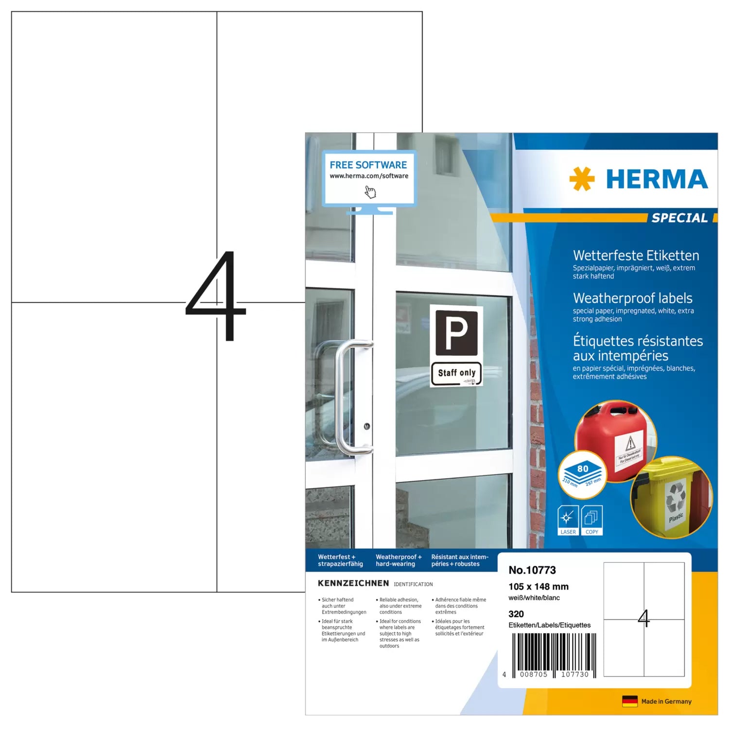 HERMA Drucketiketten, 105 mm × 148 mm, weiss, Folie, extra stark, 80 Blätter (320 Etiketten)