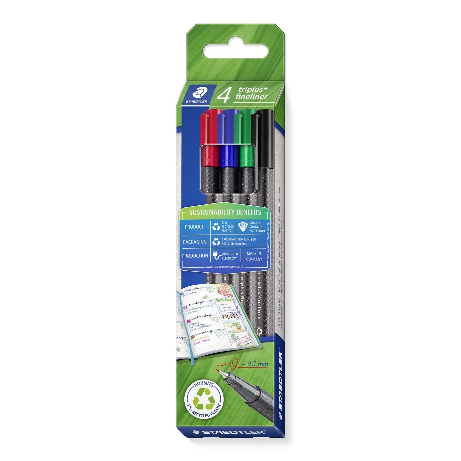 Staedtler Triplus Fineliner Set – 4 Stk., 0,3 mm, 4 Farben, Cap-Off
