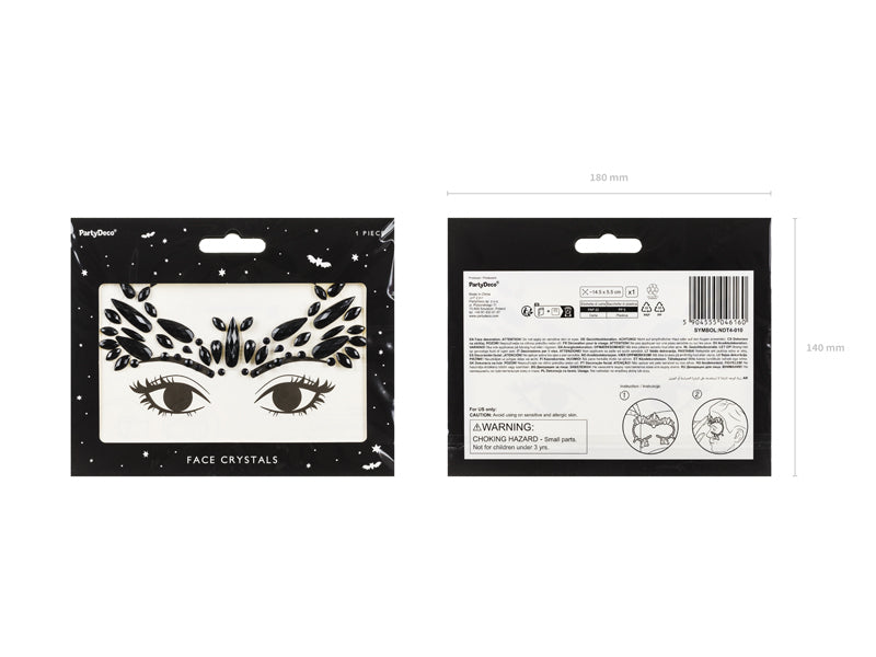 PartyDeco Face-Art Sticker Kristalle – Schwarz – 14,5 × 5,5 cm – Acryl – 1 Paar