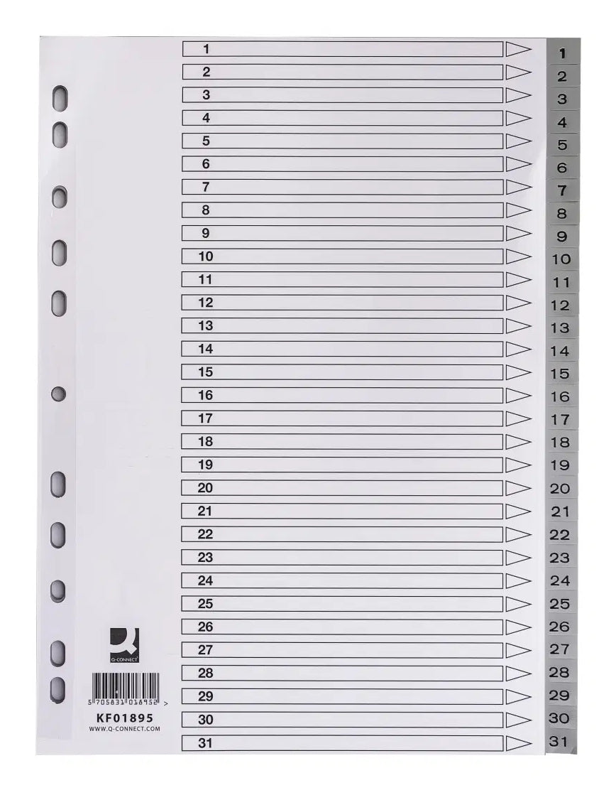 Q-Connect Register – A4, 31-teilig, Kunststoff, grau, vorgedruckt, 11-fach, mit Indexblatt, für A4-Ordner