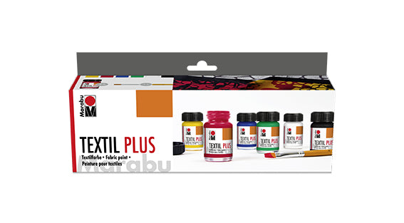 Marabu Textil plus – Stoffmalfarbe – Set – 6 Farben, 6 × 15 ml, inkl. Pinsel, für Textilien