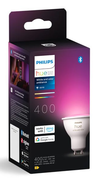 Philips Hue Smart-Leuchtmittel GU10 – RGB+CCT, 400 lm, 4,2 W – für Amazon Alexa, Google Assistant – 1 Stk.