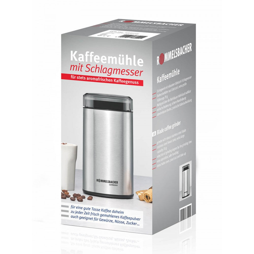 Rommelsbacher Kaffeemühle EGM 100 – Schlagmesser, 70 g, 200 W, Silber