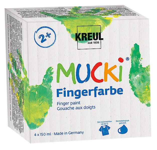 KREUL MUCKI Fingerfarben – 4 Farben (Blau, Grün, Rot, Gelb) – 4×150 ml (600 ml) – für Papier, Holz, Glas