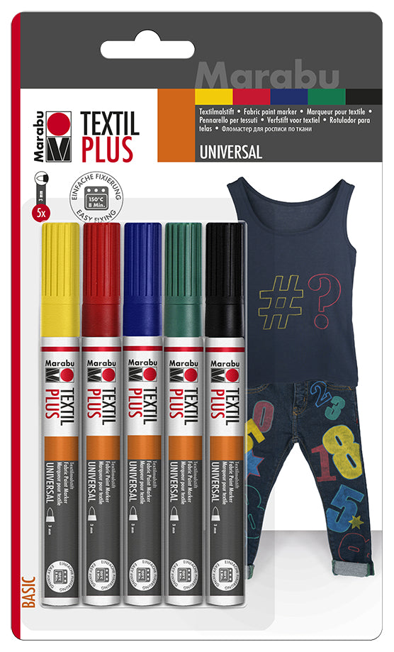 Marabu Textilmarker für Textilien – gelb, rot, grün, blau, schwarz, 5er Set