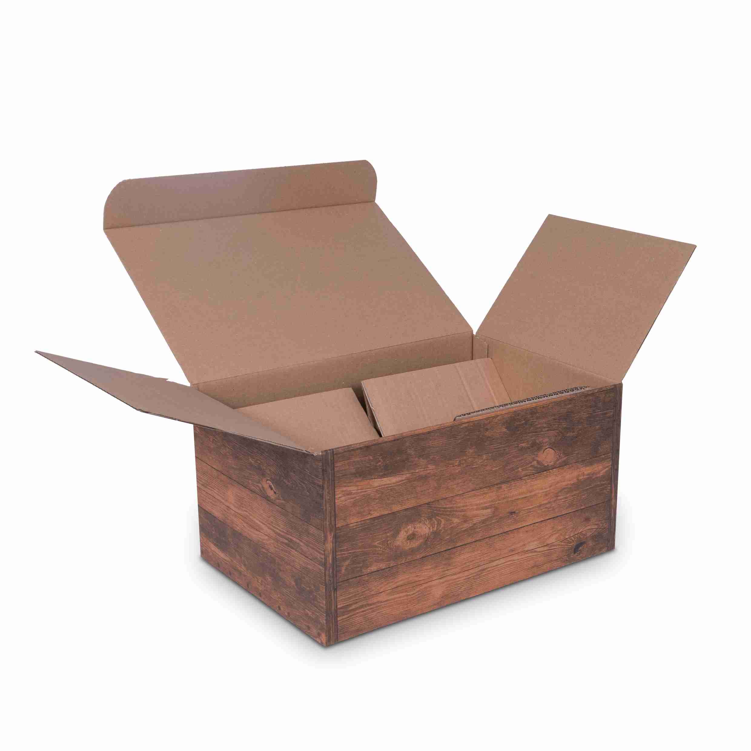 Weinpräsentkarton Holzmuster – Innenmass 255 × 380 × 195 mm – für 6 × 0,75 l Flaschen – 1 Stk., ab 20 Stk.