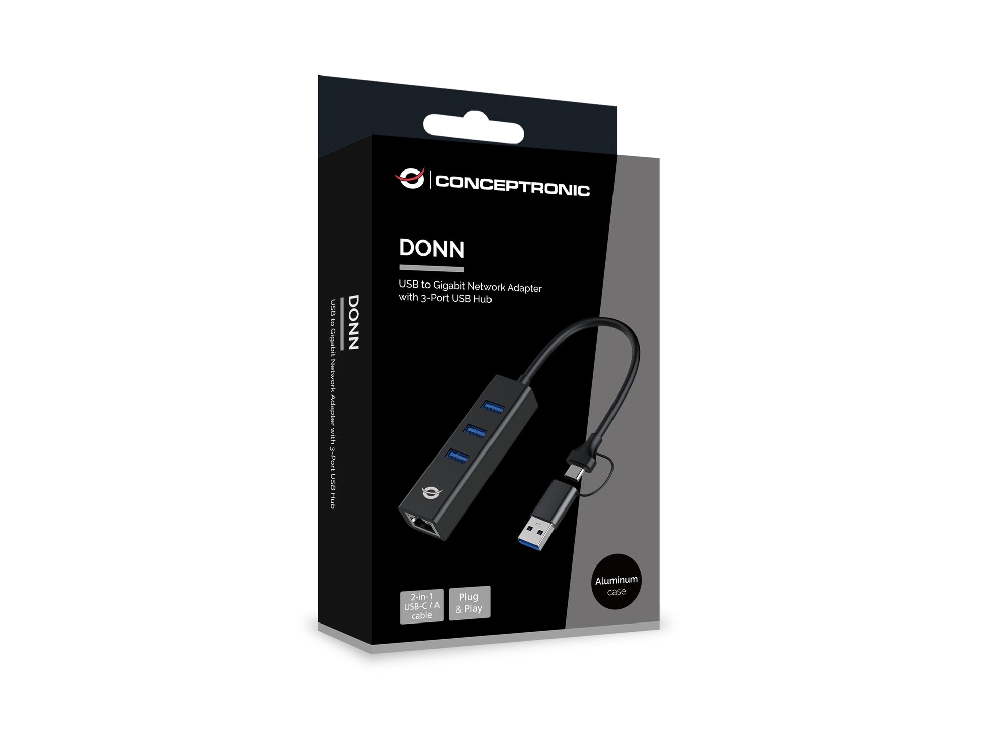 Conceptronic DONN07BA Multiport-Adapter – USB-A/USB-C, 3× USB-A, GbE, für Windows/Mac/Android