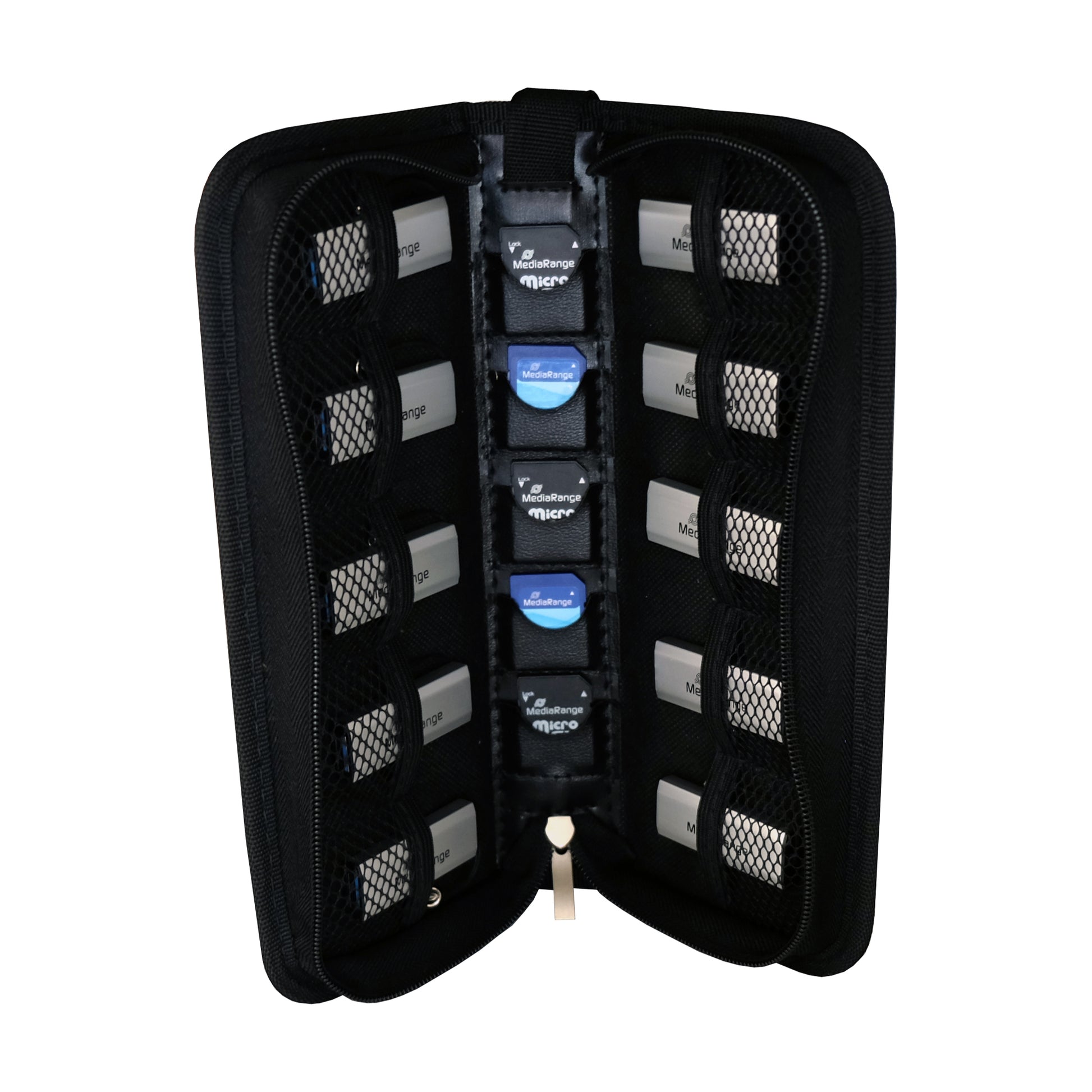 MediaRange USB-Stick-Tasche – für 10 USB-Sticks, 5 SD-Karten, Nylon, 256 × 110 × 49 mm, Schwarz