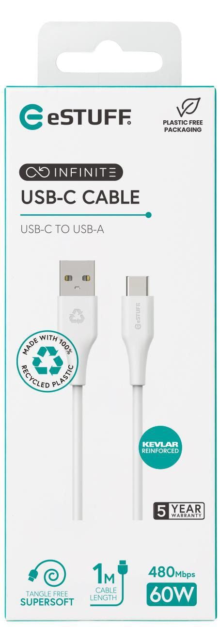 eSTUFF USB-C auf USB-A Kabel – USB 2.0 (480 Mbit/s) – 1 m – PD 60 W – Weiss
