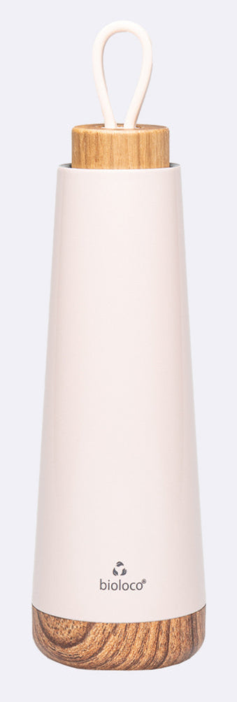 BioLoco Loop-Rose Isolierflasche 500 ml – doppelwandig 18 h heiss/12 h kalt, Edelstahl, Holzdeckel