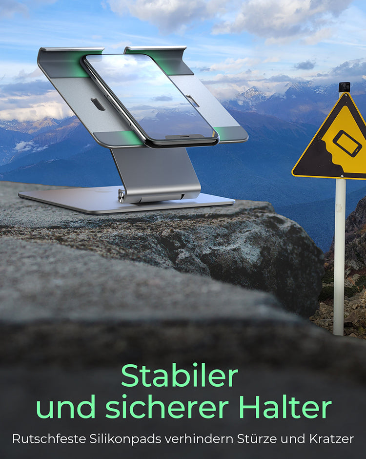 ICY BOX Tablet-Ständer – für Tablets bis 12,9" – drehbar, faltbar – Aluminium