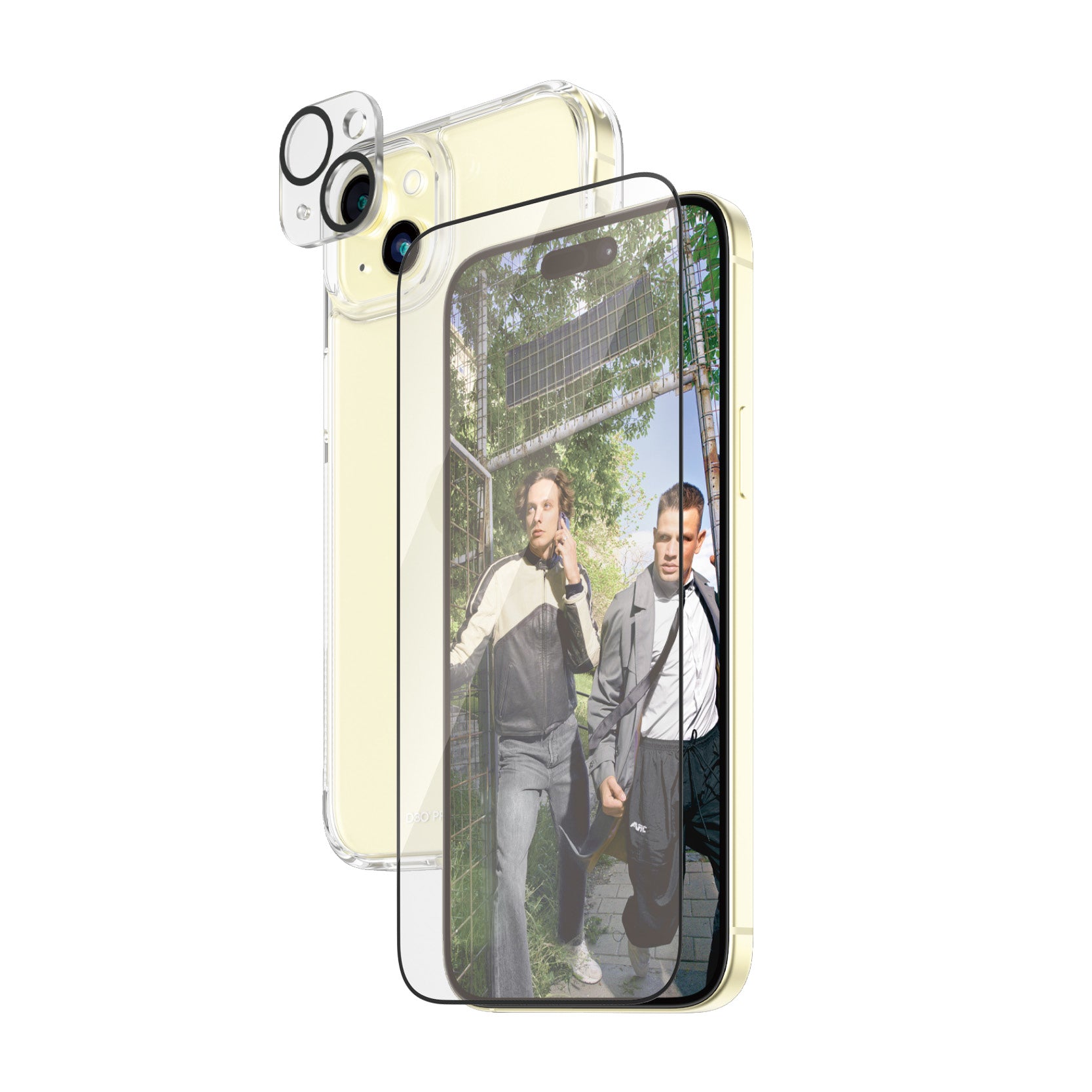 PanzerGlass Schutz-Set 3-in-1 – für Apple iPhone 15 Plus, Hartglas, Folie, Silikon, Transparent