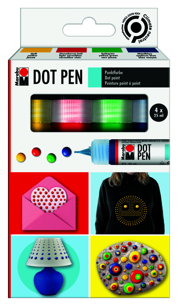 Marabu Dot Pen – 4 Farben (4×25 ml, 100 ml) – 3D-Effekt, deckend – für Glas, Stoff, Papier