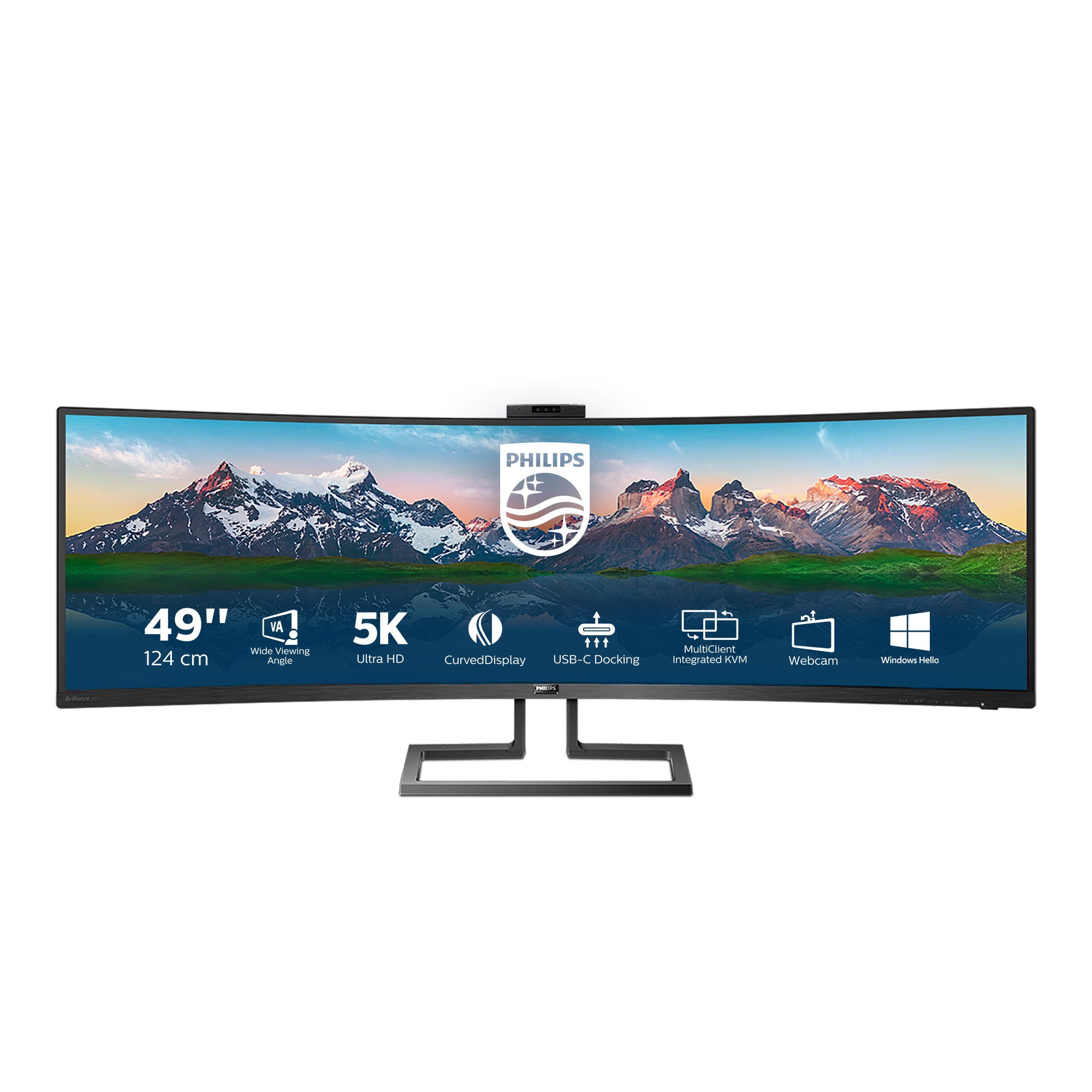 Philips 499P9H/00 – Monitor, 48,8", VA, 60 Hz, 450 cd/m², Webcam, USB-C, KVM, VESA 100 × 100, Schwarz