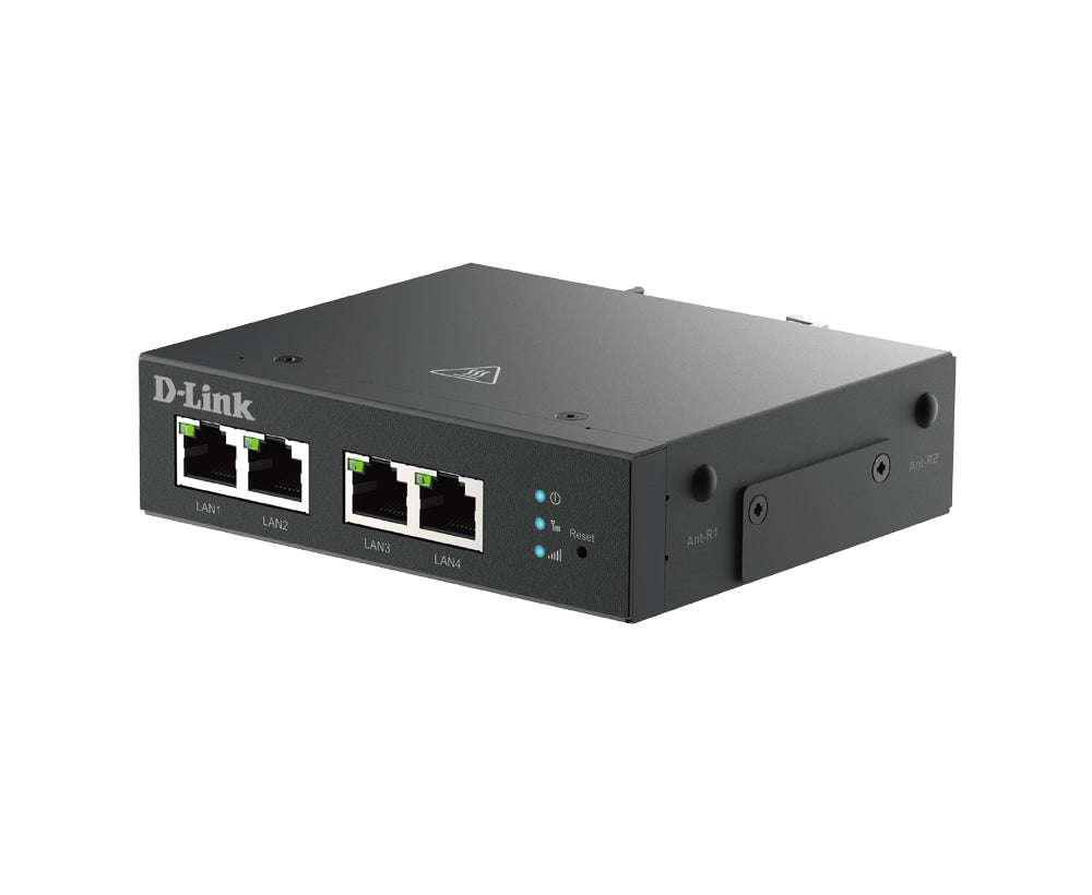 D-Link DWM-314-T – LTE Router, 4× Fast Ethernet (10/100 Mbit/s), 1× SIM, 9–36 V, DIN-Schiene, Schwarz