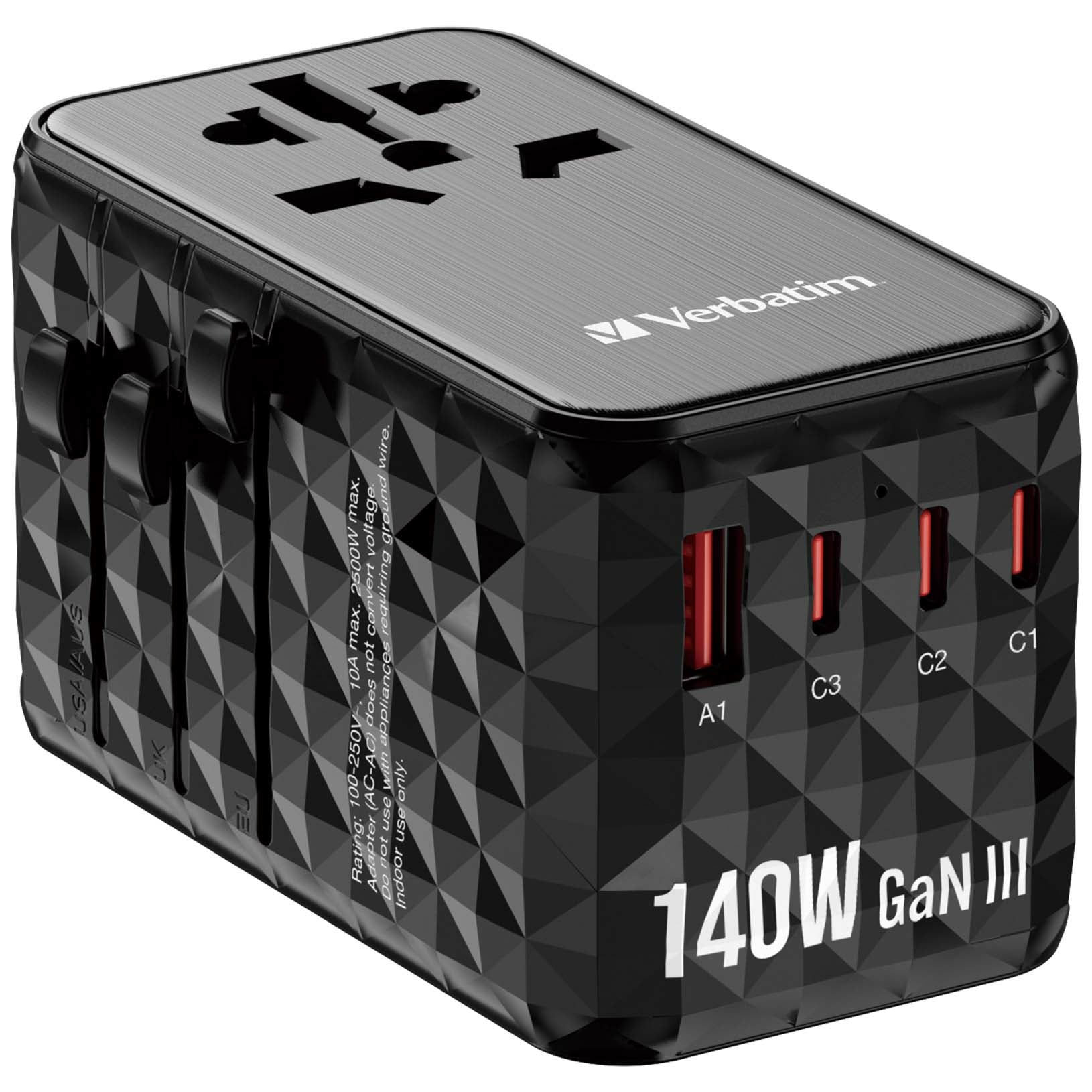 Verbatim GaN III Universelles Reise-USB-Ladegerät 140 W – USB-C×3, USB-A×1 – PD 3.1, QC 4, GaN