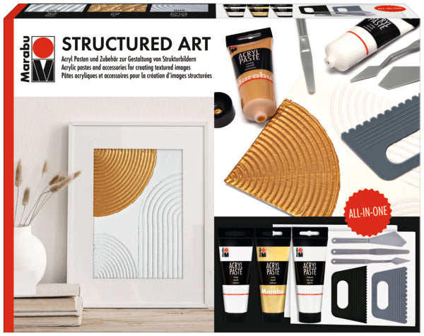 Marabu STRUCTURED ART – Acrylpasten-Set – 3 × 100 ml – Weiss/Gold/Feinsand