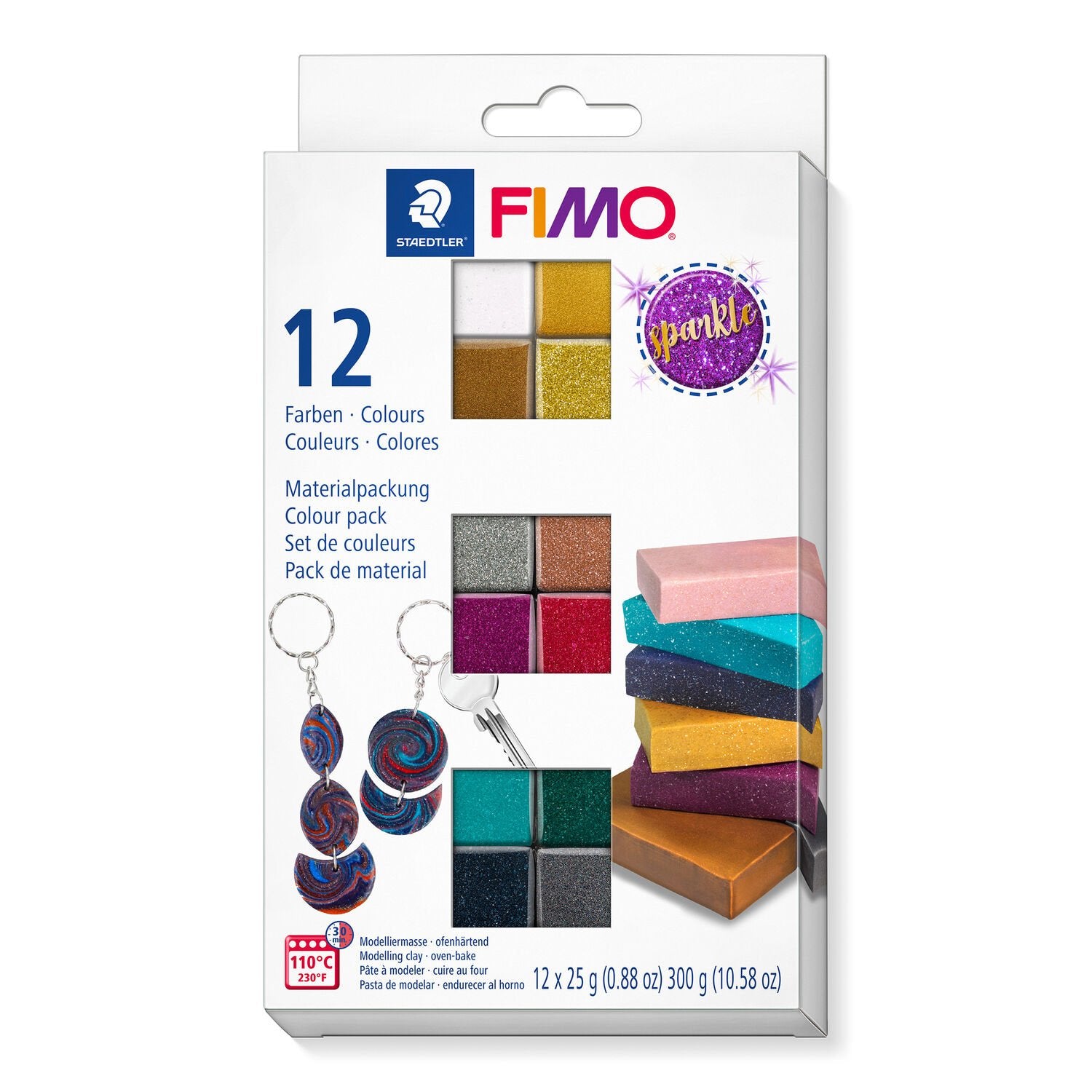 Staedtler Modelliermasse (ofenhärtend), Effekt, Mehrfarbig, Glitzer, 110°C, 30 min, 300 g, 12 Stk.