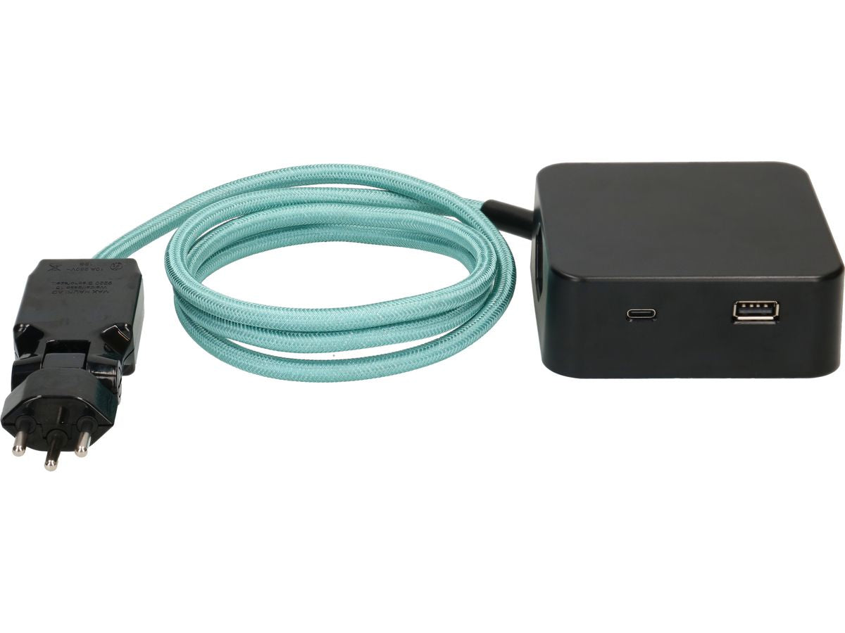 maxTEX Cube Steckdosenleiste – 3× T13, USB‑A/C 18 W, 2 m, ohne Schalter, IP20, schwarz/türkis