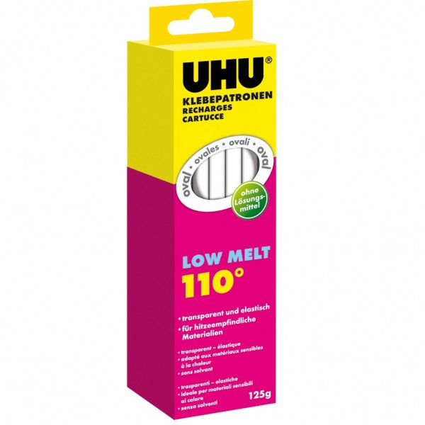 UHU Heissklebepatronen Low Melt 110 °C – Ø 8–13 × 173 mm – 10 Stück, 125 g – transparent trocknend, geruchlos