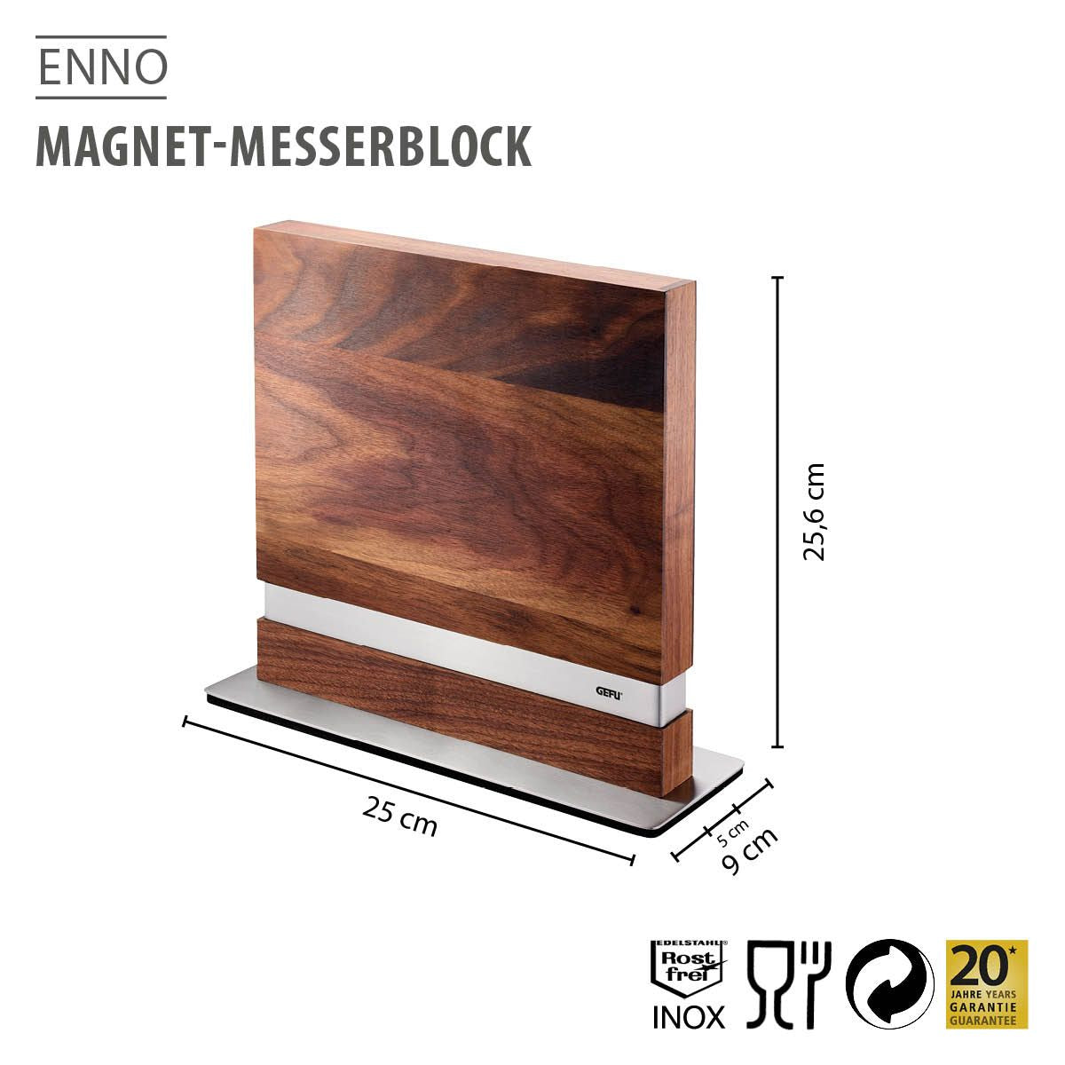 GEFU Messerblock, 9 × 25 × 25,6 cm, Walnussholz/Edelstahl, Silber/Walnuss