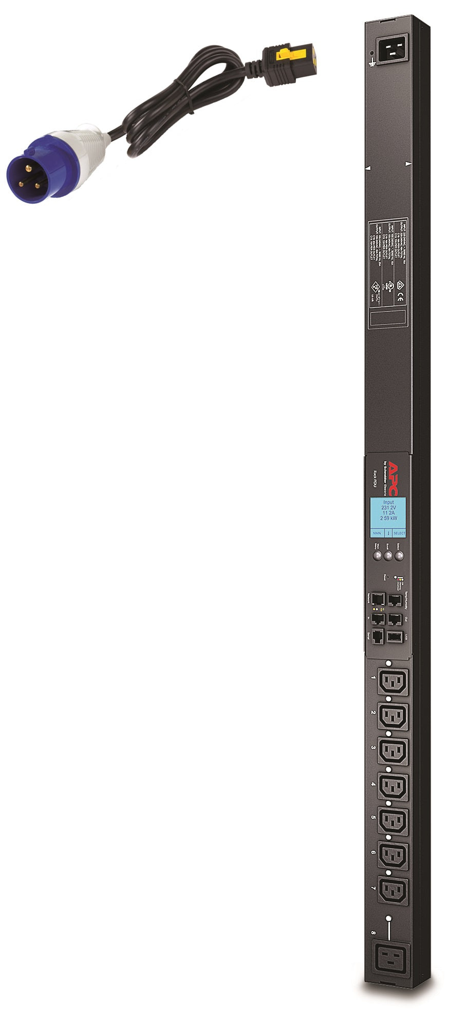 APC Rack-PDU Metered 0U, einphasig 3,68 kW, (7×C13 + 1×C19), IEC309 Eingang – Schwarz
