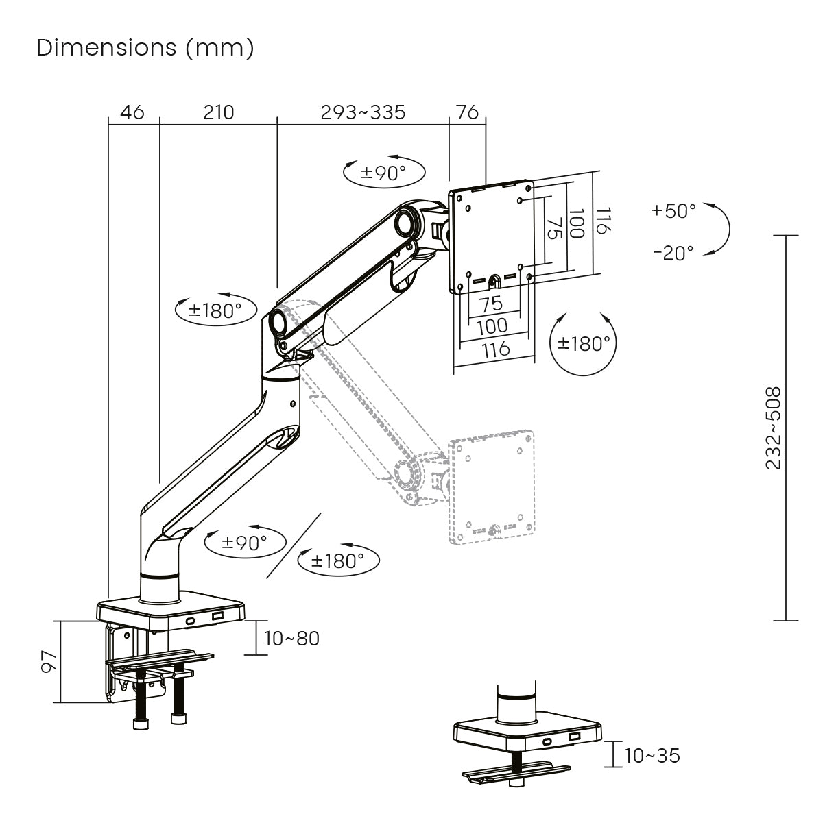 Digitus Monitorarm, Tischklemme, bis 49", VESA 75 × 75/100 × 100 mm, 20 kg, schwarz