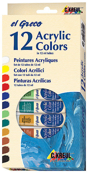 KREUL Acrylfarbe, glänzend – 12 Farben – 12×12 ml (144 ml) – für Papier, Leder, Metall