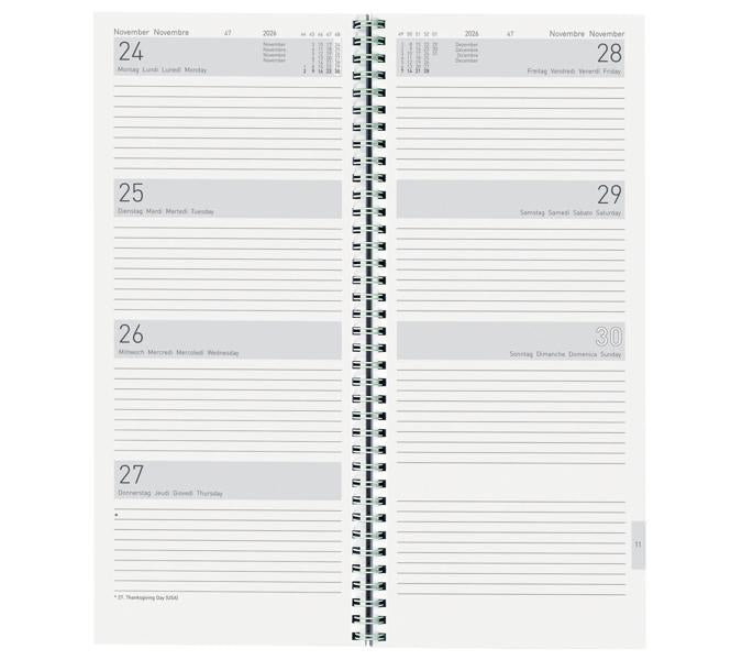 Biella Agenda – 1 Woche/2 Seiten, Spiralbindung, 13,5 × 31,5 cm, Jan–Dez, 2026, Dunkelblau, FSC